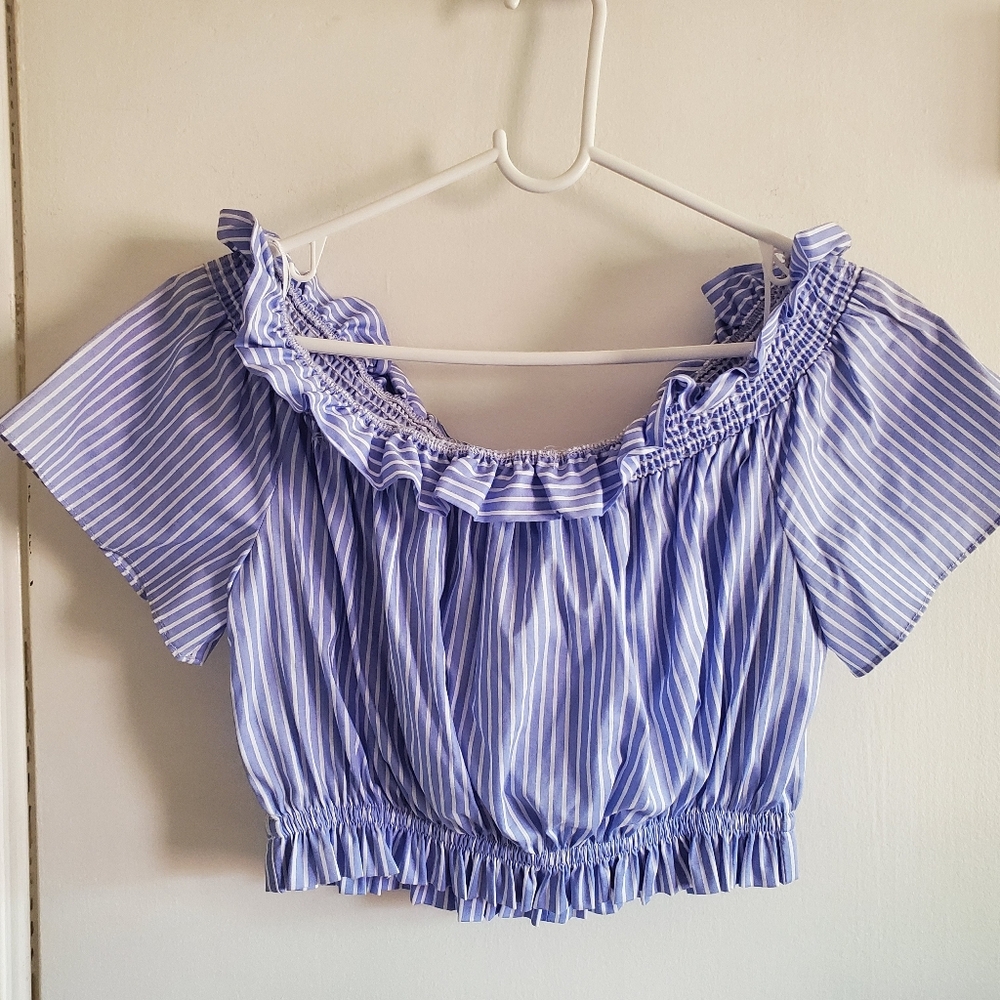 Zara striped off the shoulder Crop Top Bow Back Size S Preppy Feminine Coastal - Picture 2 of 13